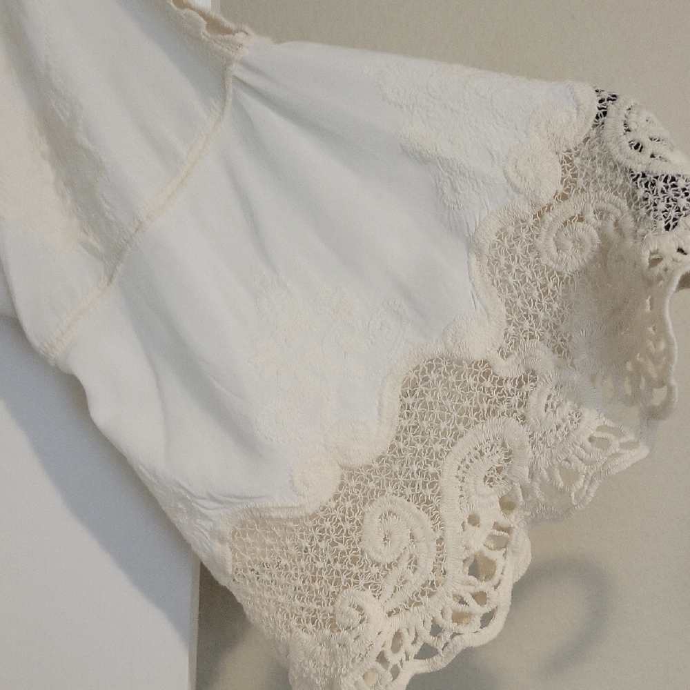 Democracy Cream Lace Trim Boho Blouse Size L Crochet Detail - Picture 4 of 12